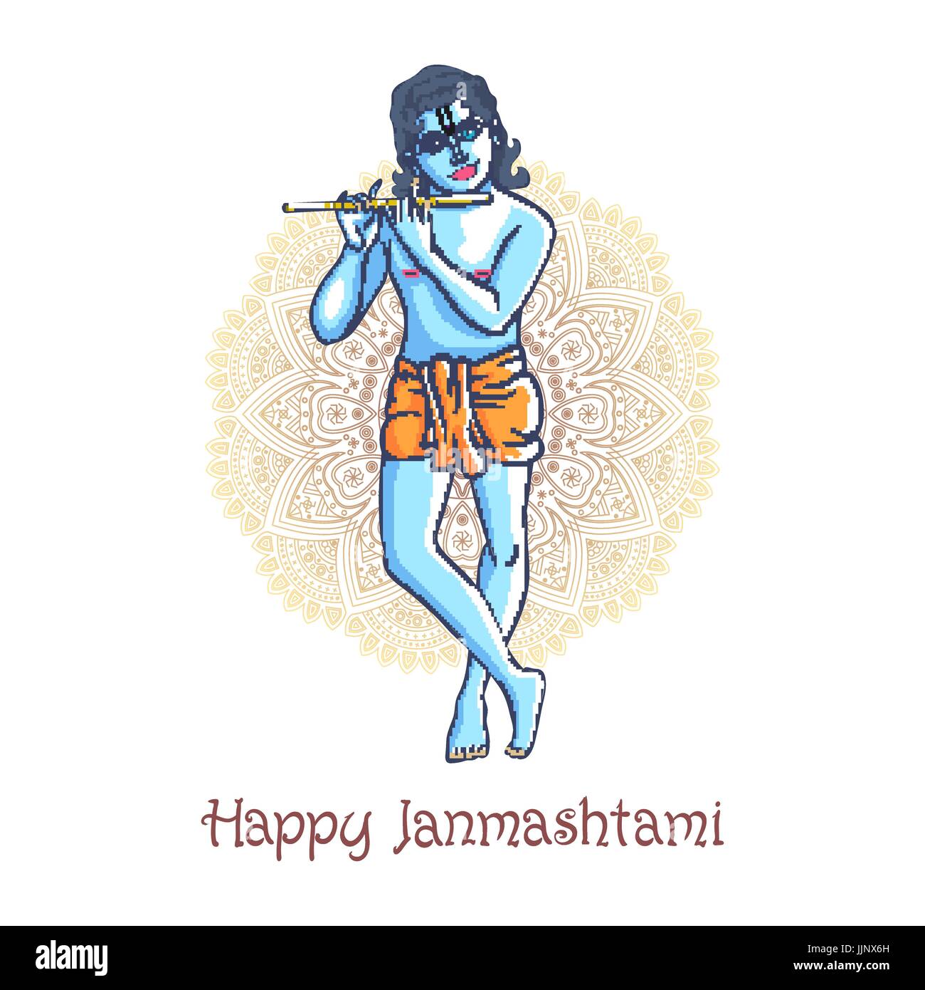 Cartoon Krishna avec une flûte. Carte de vœux pour l'anniversaire de