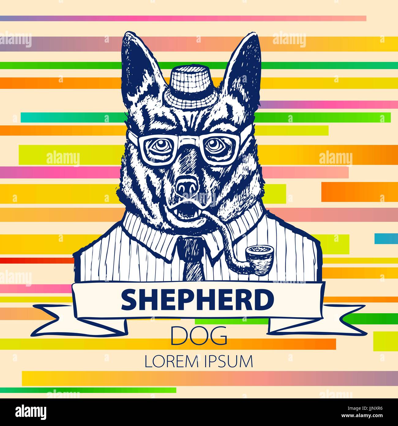 Chien Berger Allemand hipster fume une pipe dans une coiffe Illustration vectoriel Illustration de Vecteur