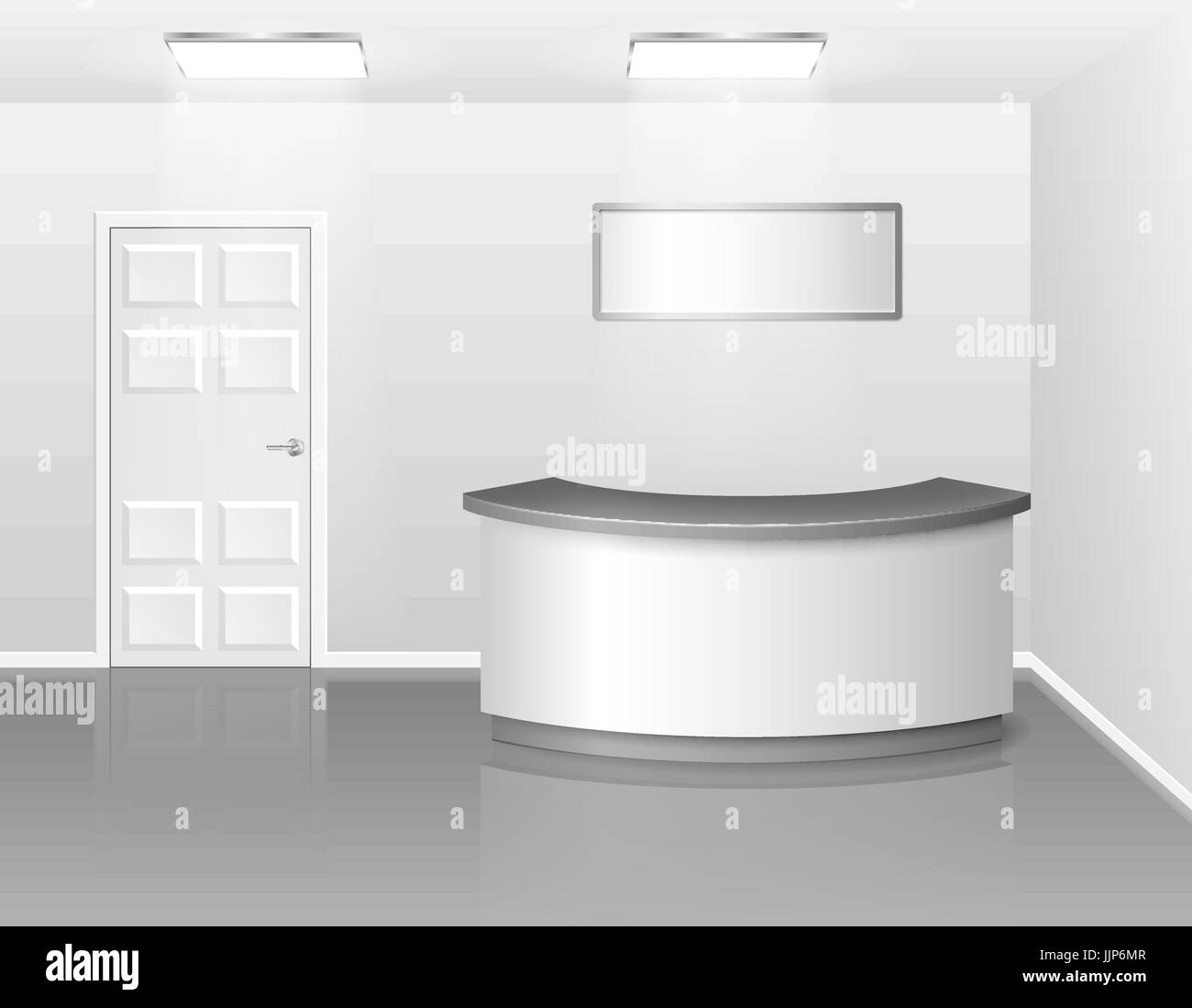 Bureau ou intérieur de l'hôtel à la réception ou d'exposition à l'encontre 24. Vector illustration 3D réaliste. L'intérieur d'affaires vide hall avec contre Illustration de Vecteur