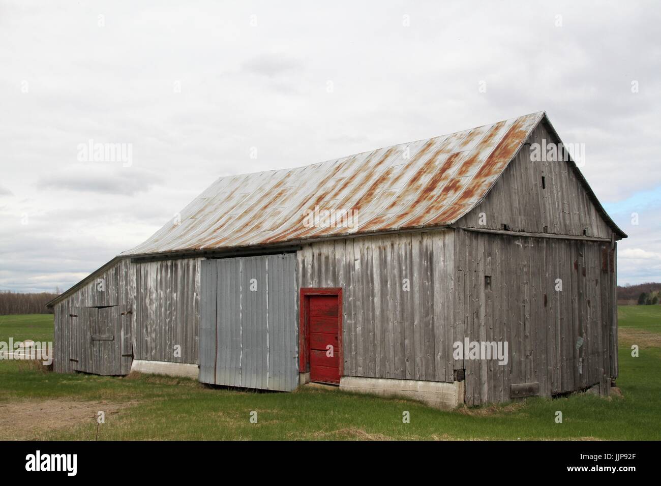 Ancienne grange en bois gris en milieu rural campagne avec porte rouge Banque D'Images
