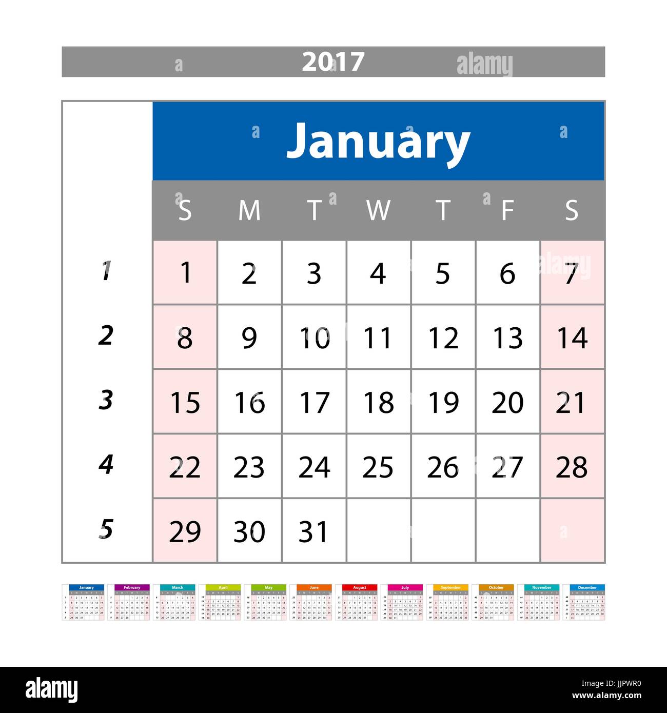 Planificateur de calendrier pour l'année 2017. Modèle de conception avec place pour les photos et les notes. Janvier. Semaine débute dimanche vector art Illustration de Vecteur