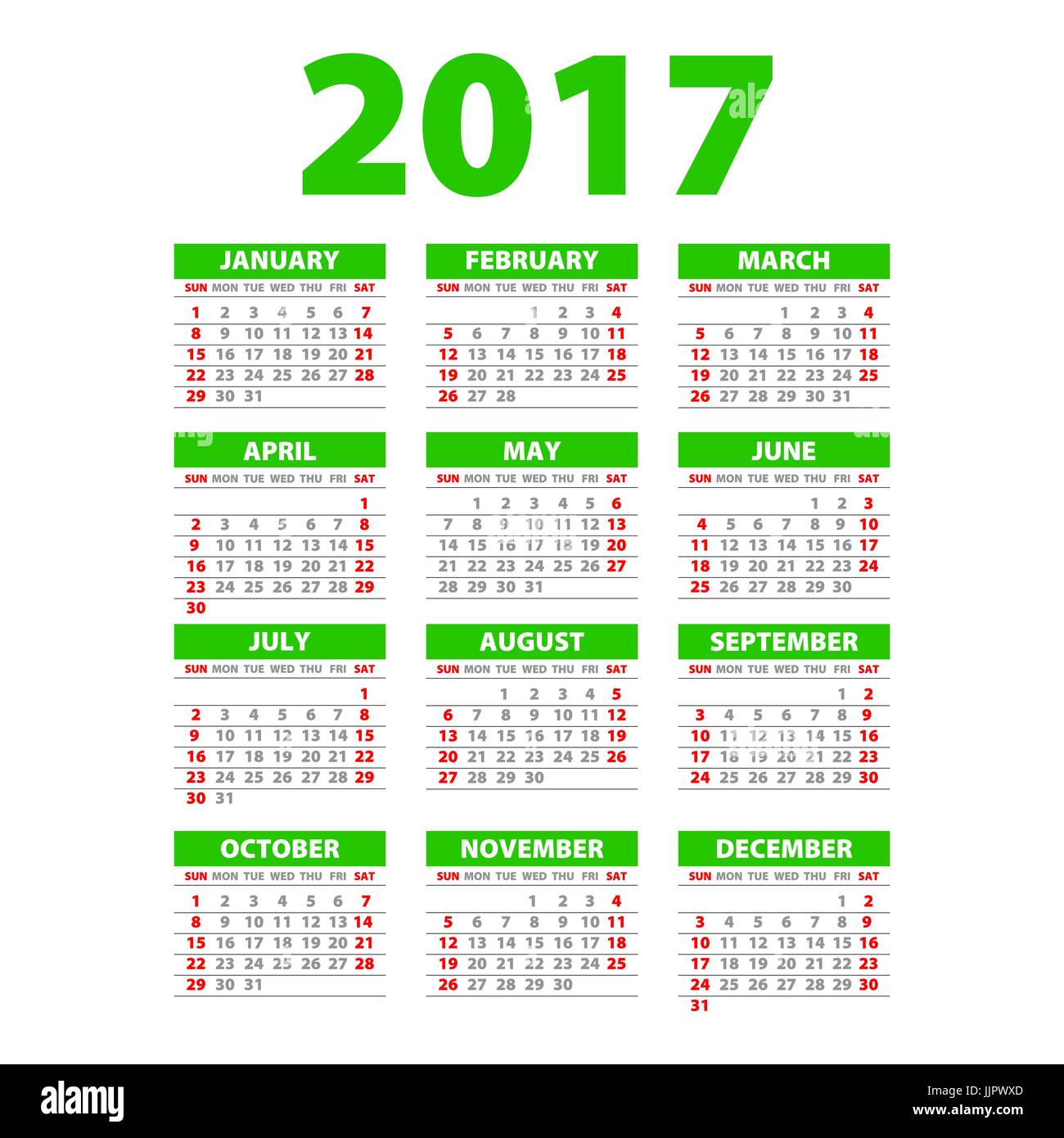 Calendrier 2017 agenda de bureau ou de 12 mois pour définir l'art vert Illustration de Vecteur
