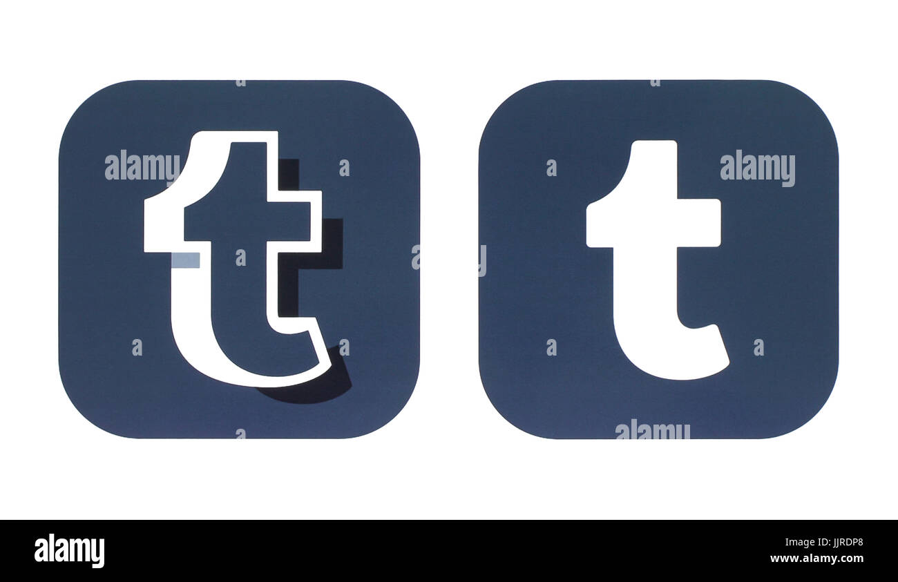 Kiev, Ukraine - 5 décembre, 2016 : Collection d'un nouveau Tumblr logos imprimés sur papier blanc. Tumblr est un service de réseau social Banque D'Images