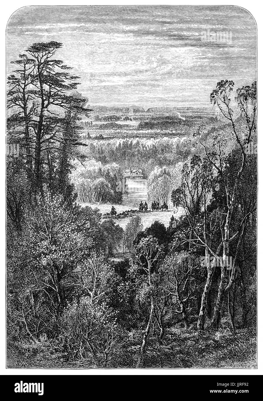 1870 : Chasseurs et chiens en face de l'eau Virginie et de pêche lointaines temple à Windsor Great Park, créé à l'origine comme un plaisir royal sol, vu de l'Alexandria, Berkshire, Angleterre Banque D'Images