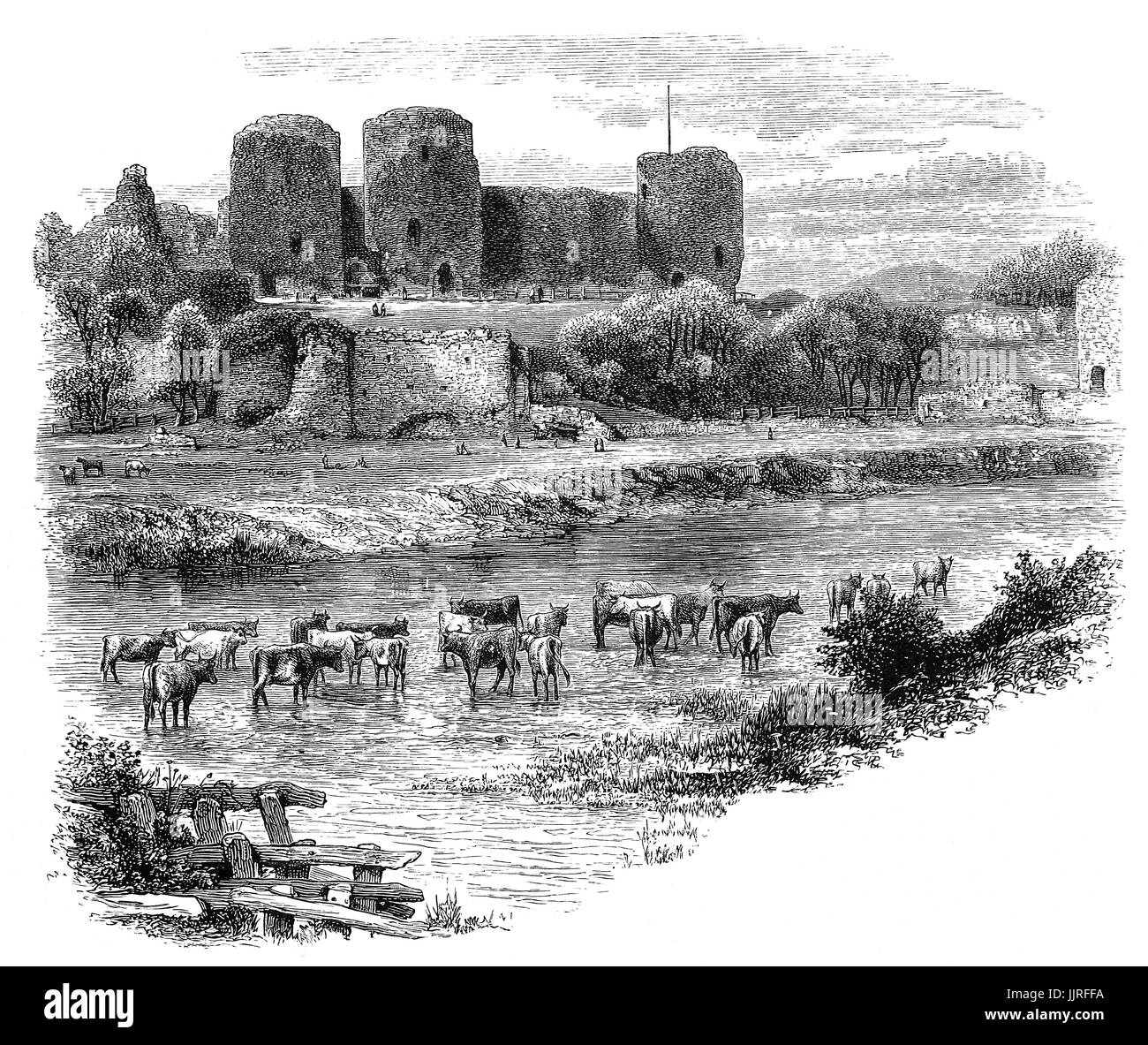 1870 : le château de Rhuddlan Rhuddlan () vu de l'autre côté de la rivière Clwyd. Le château érigé par Édouard I en 1277, à la suite de la Première Guerre gallois, Denbighshire, Nord du Pays de Galles. Banque D'Images