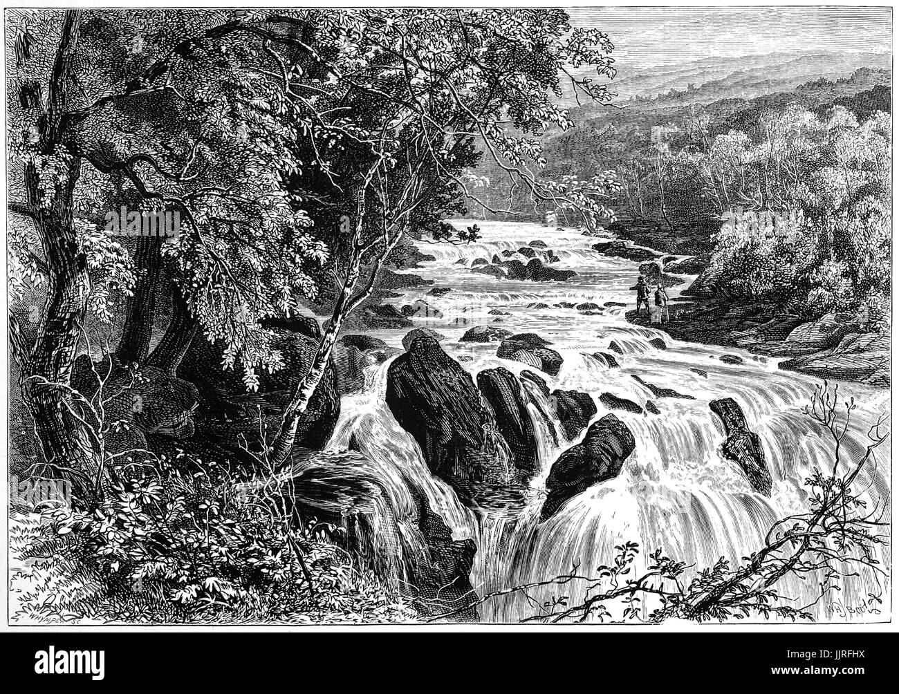 1870 : les pêcheurs à la ligne sur le côté de la Swallow Falls, à l'origine connu comme Ewynnol Rhaeadr de mousse ou de cascade, un système cascade multiples au pays de Galles, situé sur l'Afon Llugwy près de Betws-Y-coed, à Conwy County Borough, Clwyd, Nord du Pays de Galles Banque D'Images