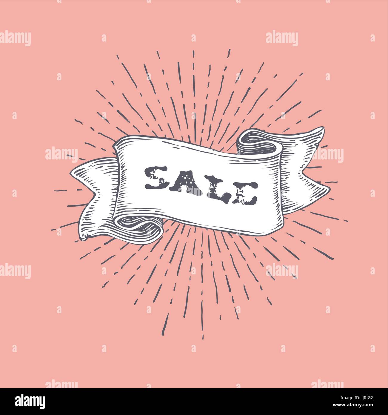 La vente. Mot sur ruban vintage bannière avec le texte et les rayons. Retro design dessinés à la main, sur fond rose. Vector Illustration Illustration de Vecteur
