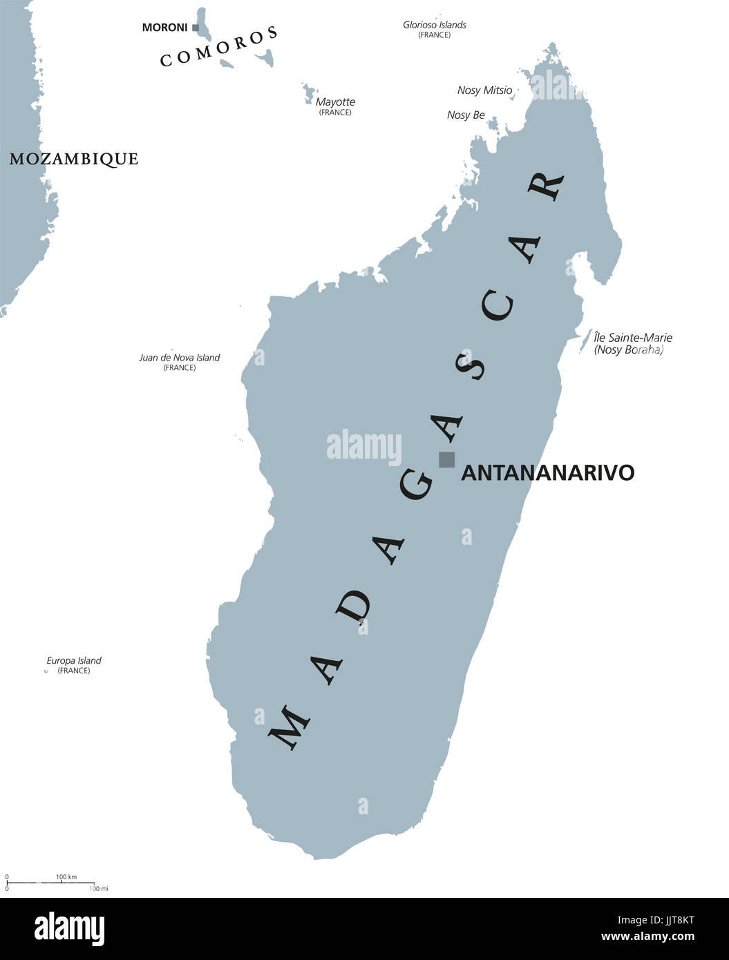 Madagascar politique tracer avec capitale Antananarivo. République et pays de l'île dans l'Océan Indien. Ancienne République malgache. Gris illustration. Banque D'Images