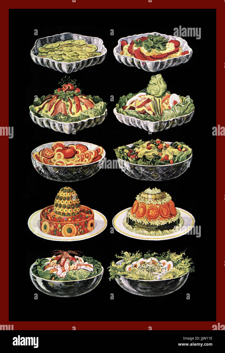 Cuisine Vintage couleur détail page 1940 / 1950 Mme Beeton's la gestion domestique illustration couleur pour une variété de salades préparées L-R : Le concombre/betteraves et pommes de terre/Homard/Alexandre Dumas & Anchois thon/Tomates/Macedoine/russe/Italien/crevette/oeuf Banque D'Images