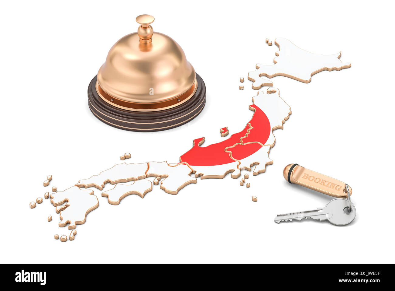 Réservation Japon concept. Drapeau japonais avec clé et la réception de l'hôtel bell, rendu 3D Banque D'Images