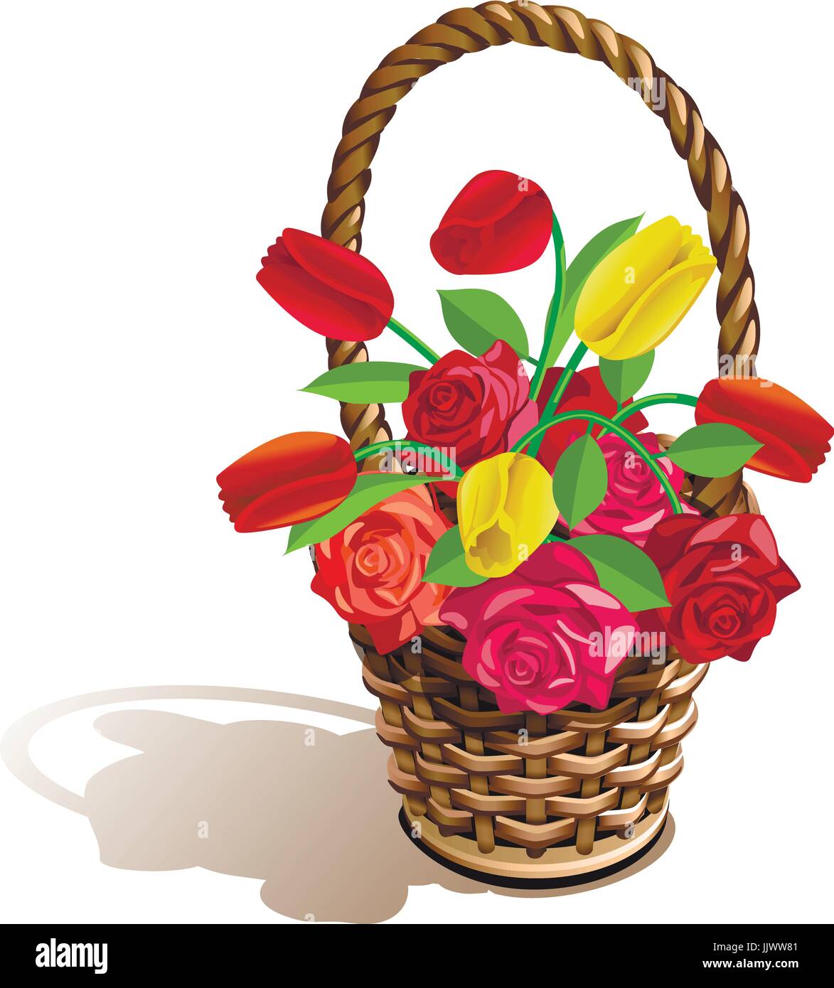 Panier en maille à partir de vignes de différentes fleurs , roses , tulipes Illustration de Vecteur