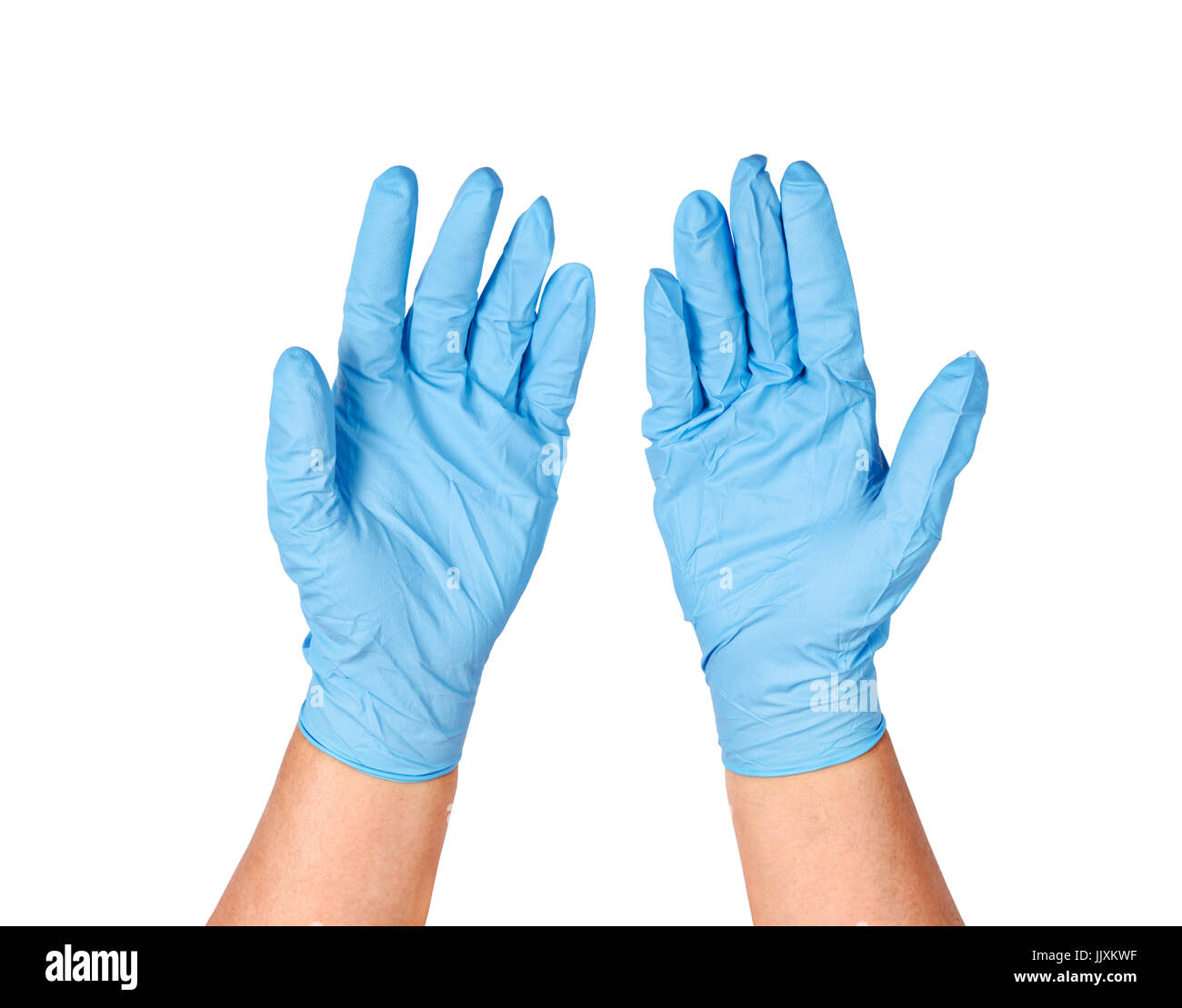 Mettre les mains sur des gants de protection, bleu isolé sur fond blanc. Enregistrer chemin de détourage. Banque D'Images