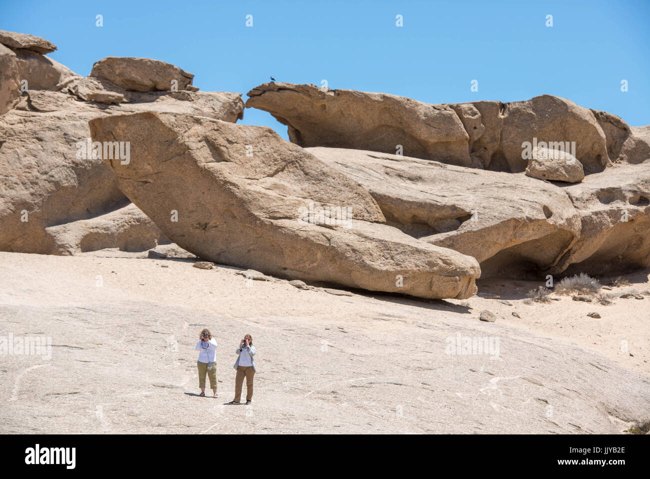 Les touristes photographiant les sites touristiques à proximité d'un gros rocher formation dans le désert du Namib, situé en Namibie, l'Afrique. Banque D'Images