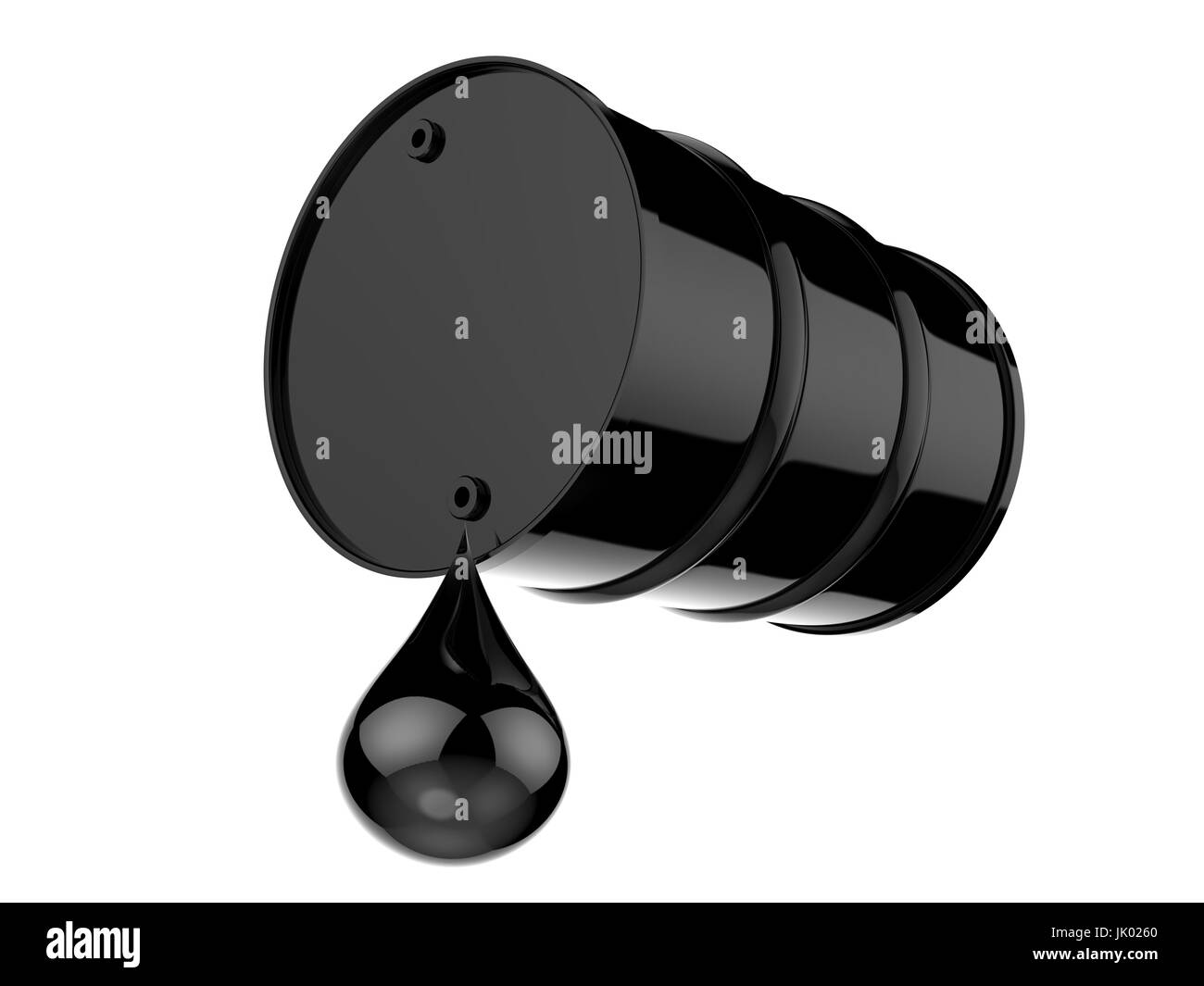 Des gouttelettes de rendu 3D de pétrole brut avec baril noir isolated on white Banque D'Images