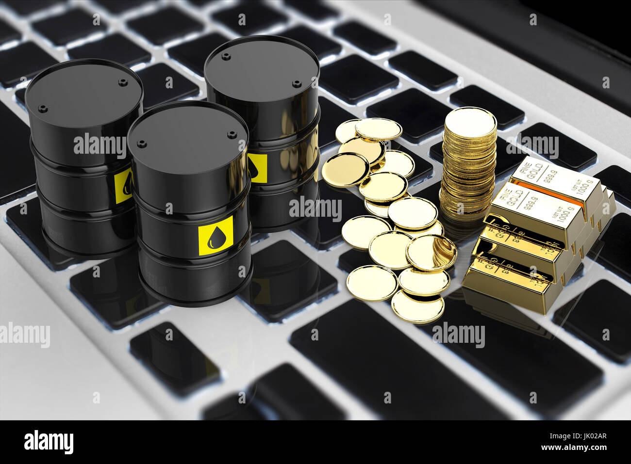 Le commerce en ligne des produits de concept avec rendu 3d des barils et des pièces d'or sur le clavier Banque D'Images