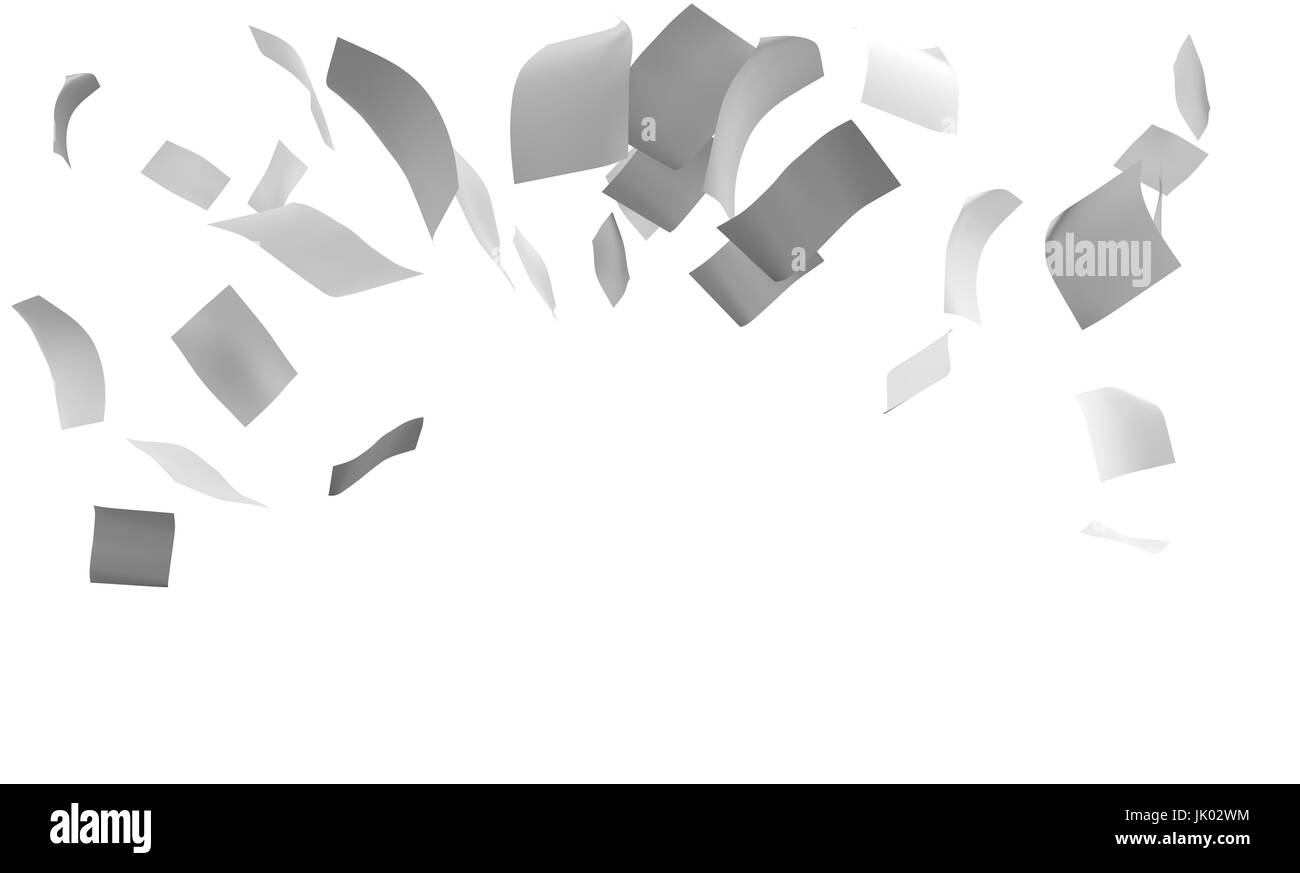 Vol de groupe ou la chute des feuilles de papier blanc 3d. Isolé sur blanc. Le rendu 3D Banque D'Images