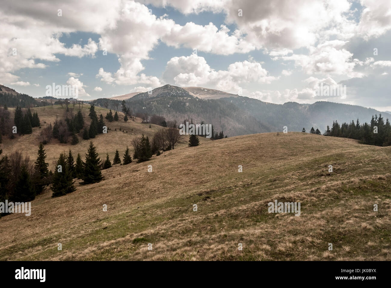 Velka Fatra printemps ci-dessous montagnes Sopron hill en Slovaquie avec prairie, arbres isolés de montagne, collines avec de petits champs de neige et ciel bleu avec le cloud Banque D'Images