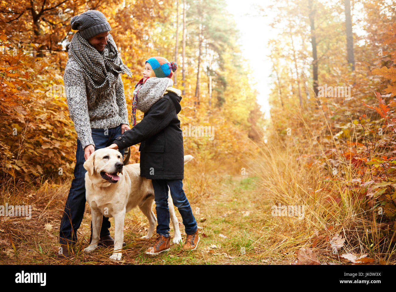 Père et fils, lui tapotant la tête des chiens Banque D'Images