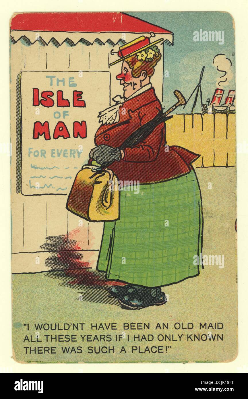 Carte postale humoristique d'Old Maid, île de Man, Royaume-Uni affiché le 1913 juillet, Royaume-Uni Banque D'Images