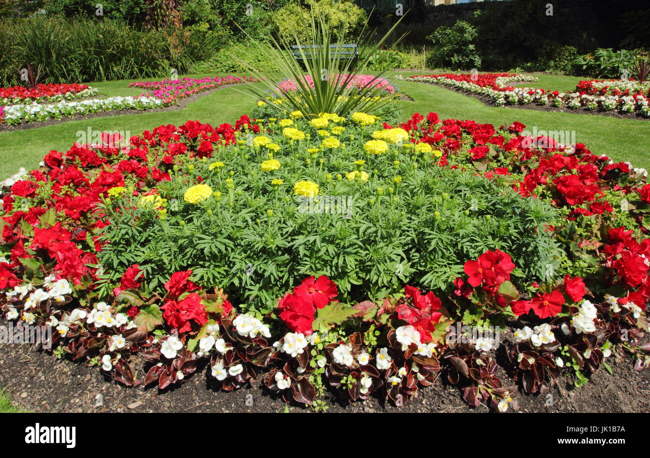 Usine victorienne lits comprend les œillets et les bégonias dans le jardin victorien Jardins Botaniques à Sheffield, Sheffield, Yorkshire du Sud en juillet Banque D'Images