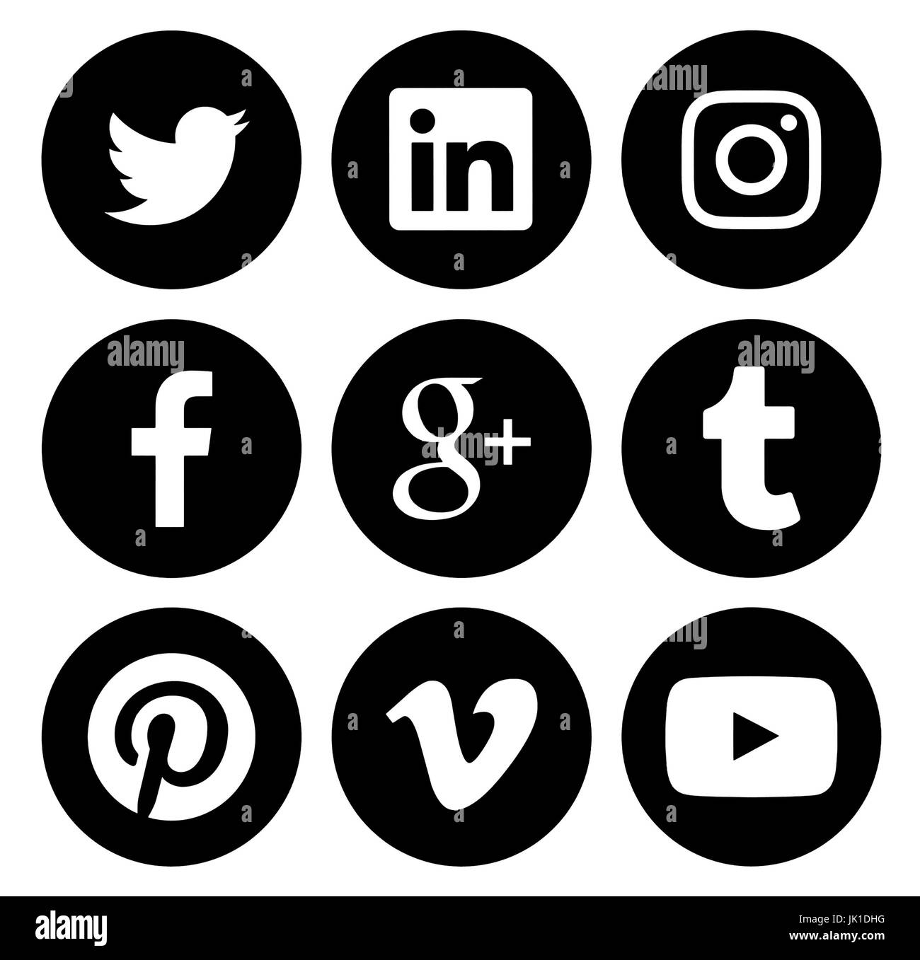 Kiev, Ukraine - Février 27, 2017 : Collection de médias sociaux populaires ronde black logos imprimés sur du papier : Facebook, Twitter, Google Plus, Instagram, P Banque D'Images