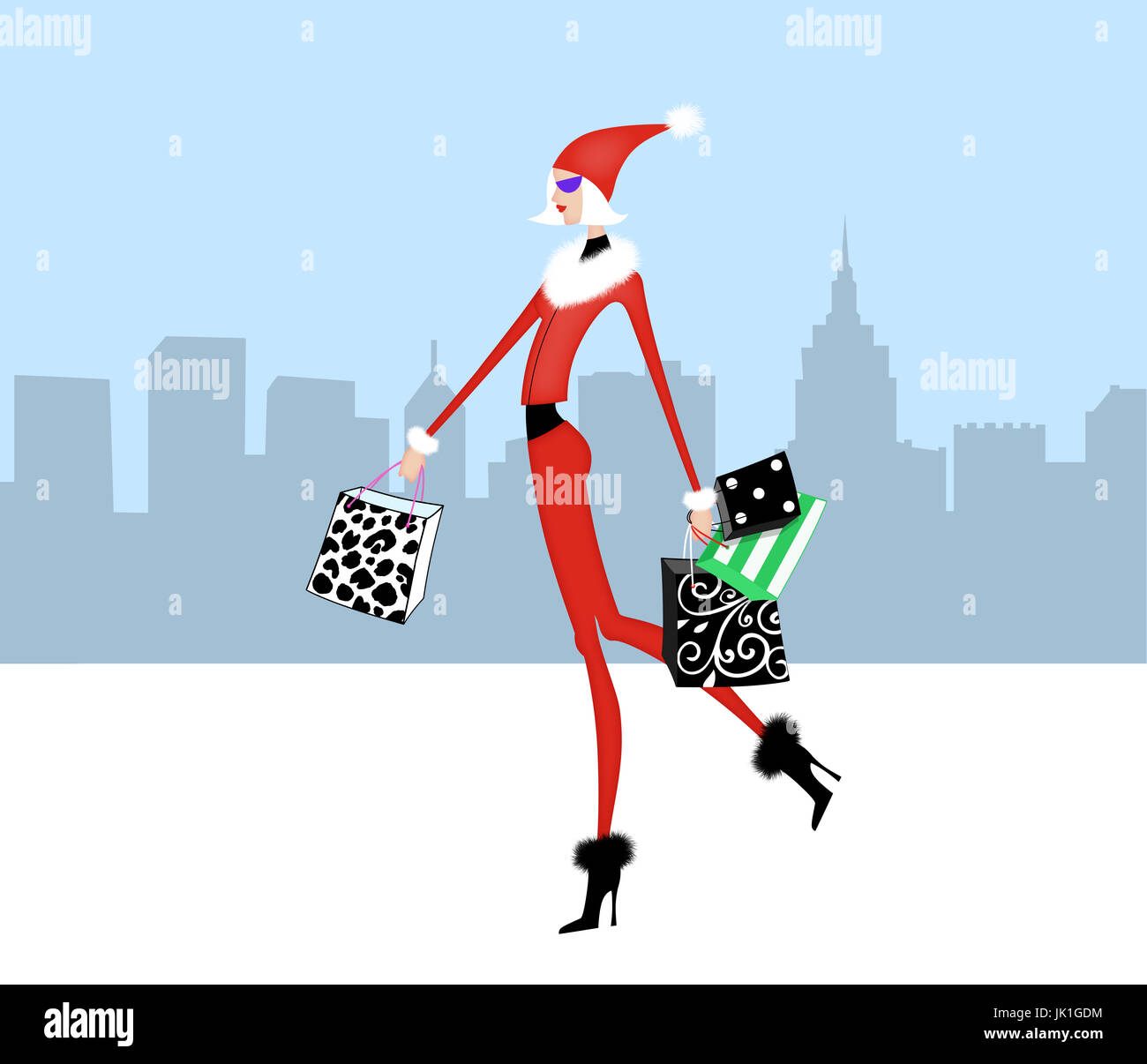 L'illustration de mode d'une fille chic shopping de Noël avec une ville en arrière-plan Banque D'Images