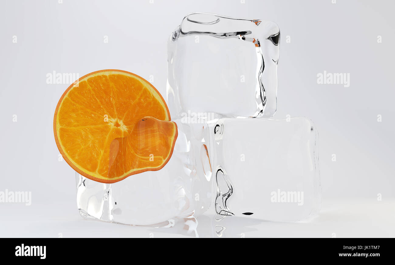 Orange Slice Cube pris dans la glace. Le rendu 3D Banque D'Images