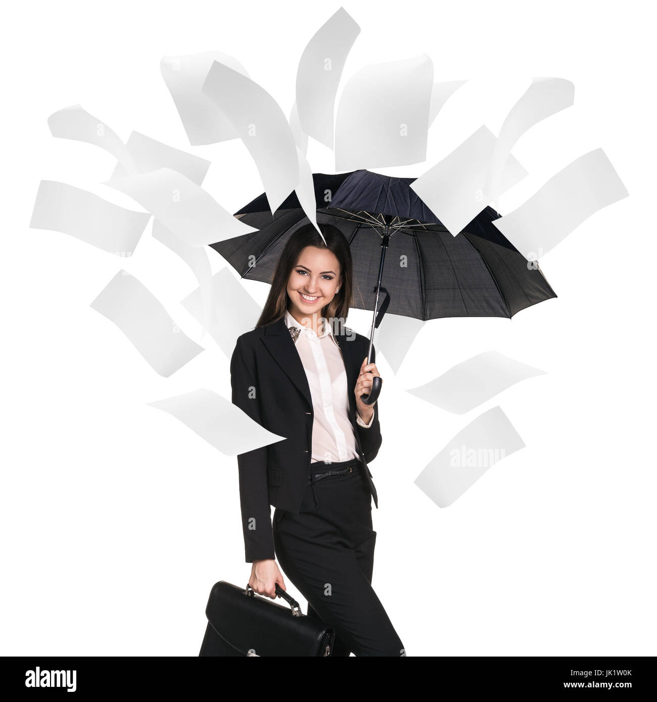 Jeune femme d'affaires sous pages. Banque D'Images