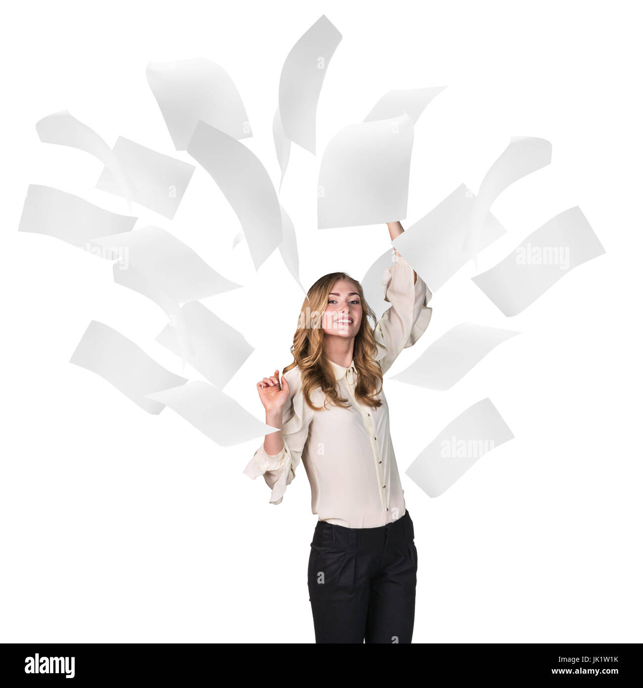 Jeune femme d'affaires sous pages. Banque D'Images