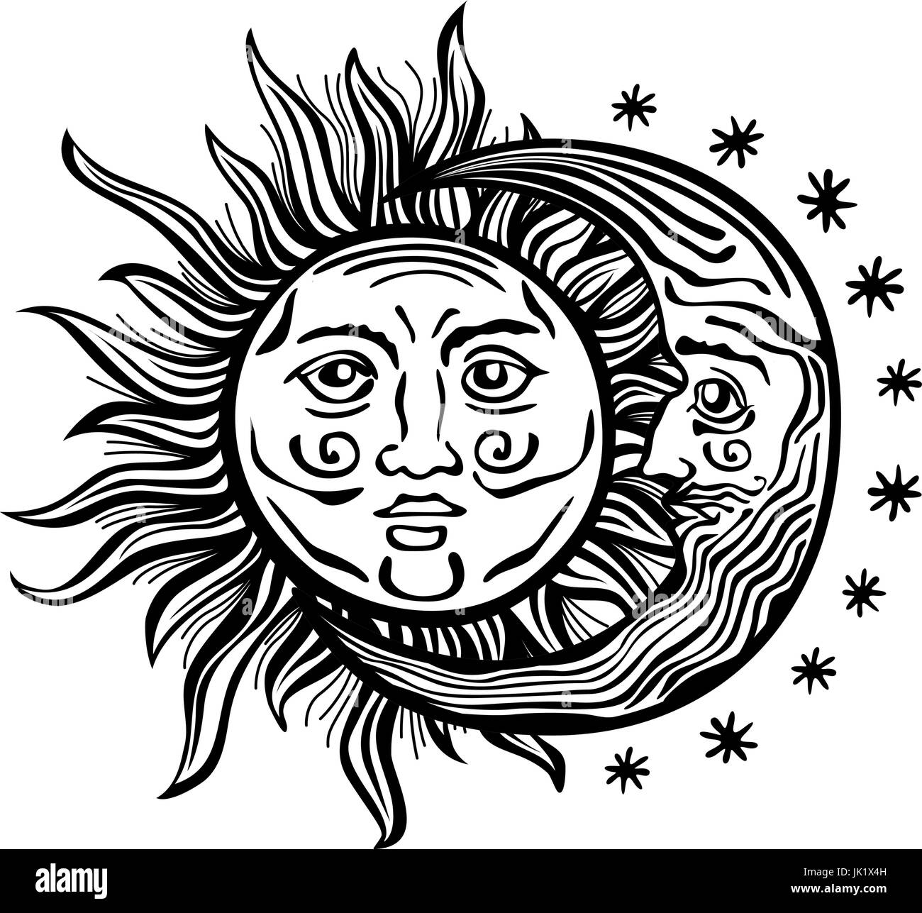 Un style cartoon illustration gravée d'un soleil, lune et étoile avec des visages humains. Contours sont noir avec un fond transparent pour une réutilisation aisée col Illustration de Vecteur
