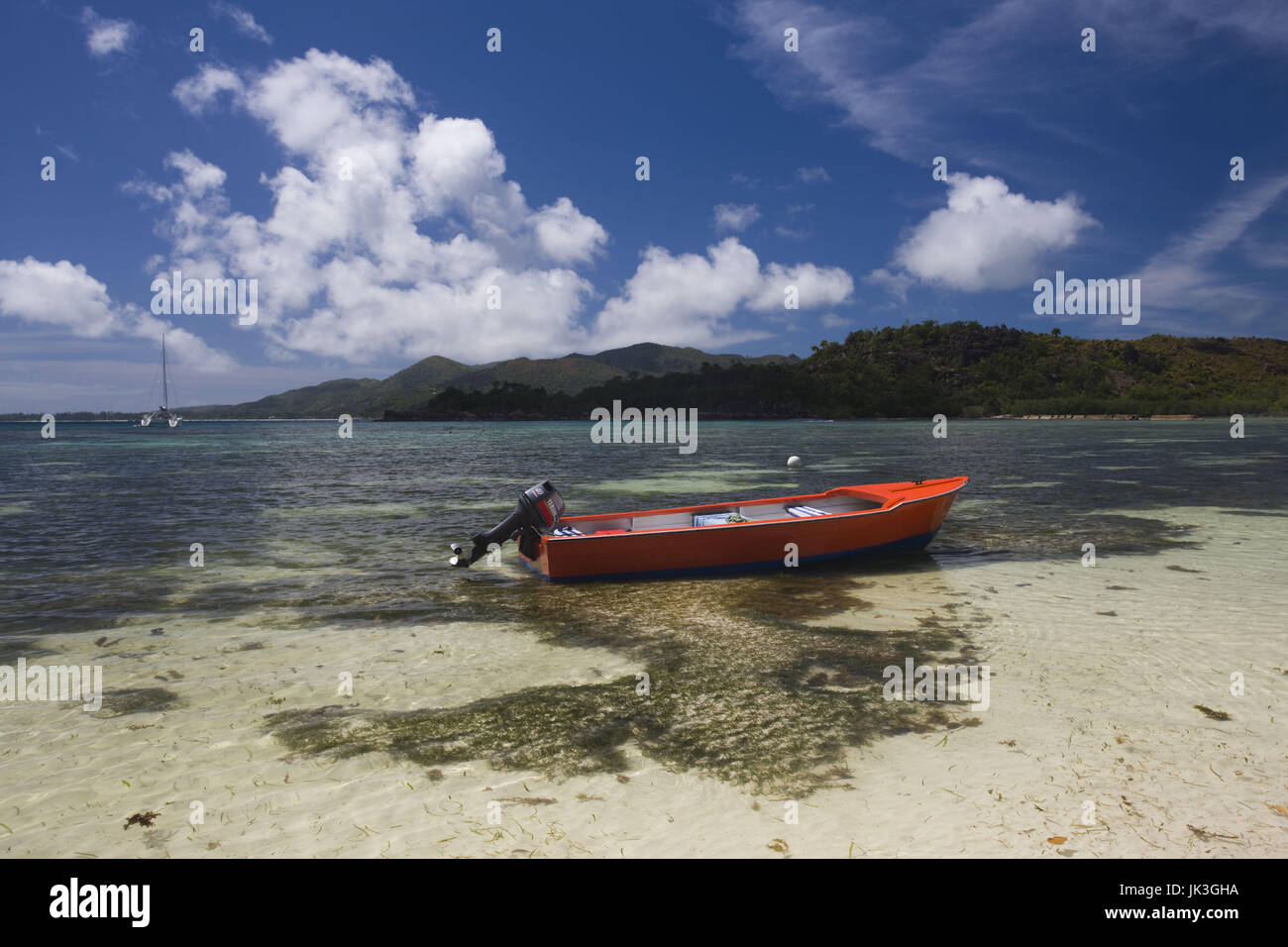 Les Seychelles, l'île Curieuse, bateaux au point d'entrée principal Banque D'Images