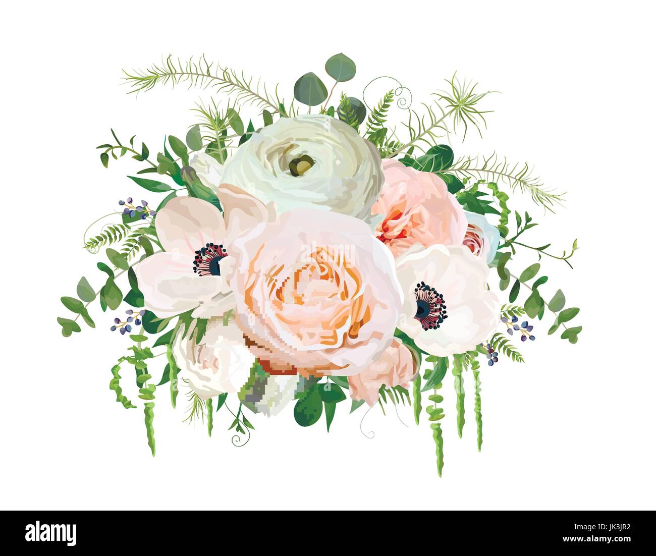 Bouquet de fleurs design vecteur élément object. Peach pink Rose de jardin Eucalyptus ranunculus white Anemone Pavot berry mélange floral Belle ele Illustration de Vecteur