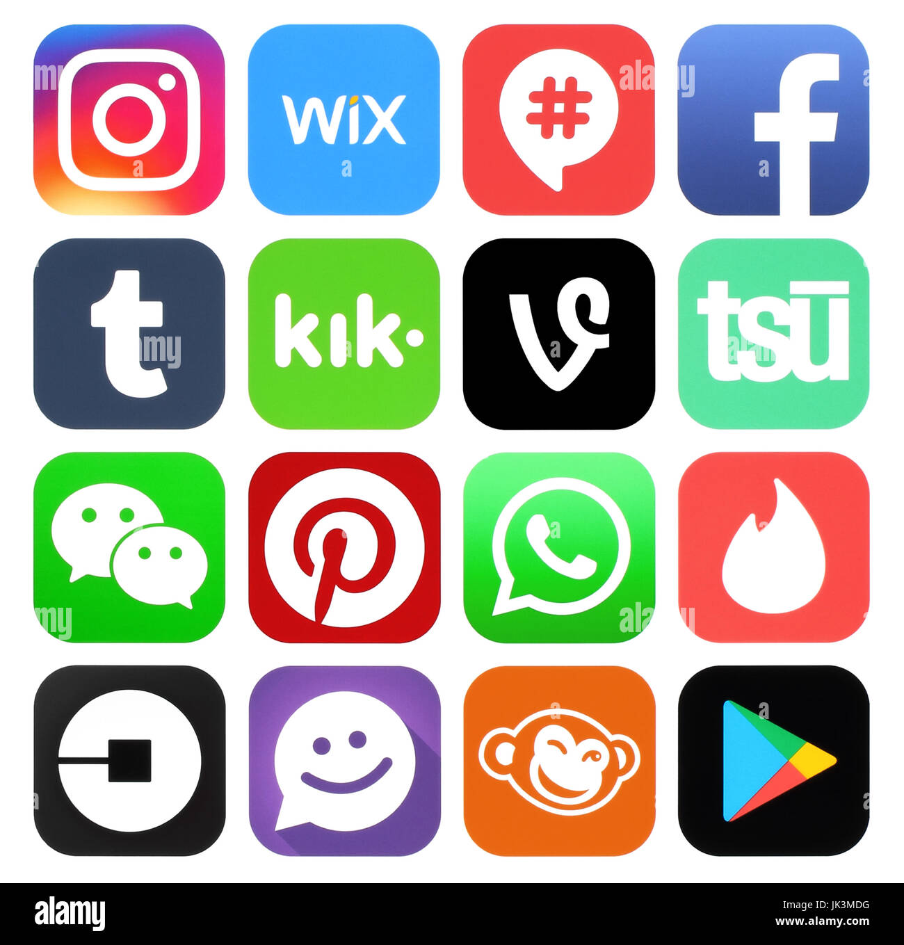 Kiev, Ukraine - le 13 mars 2017 : Collection de médias sociaux populaires logos imprimés sur du papier : Facebook, Instagram, Pinterest, vigne, Uber, Tumblr, Kik, Ts Banque D'Images