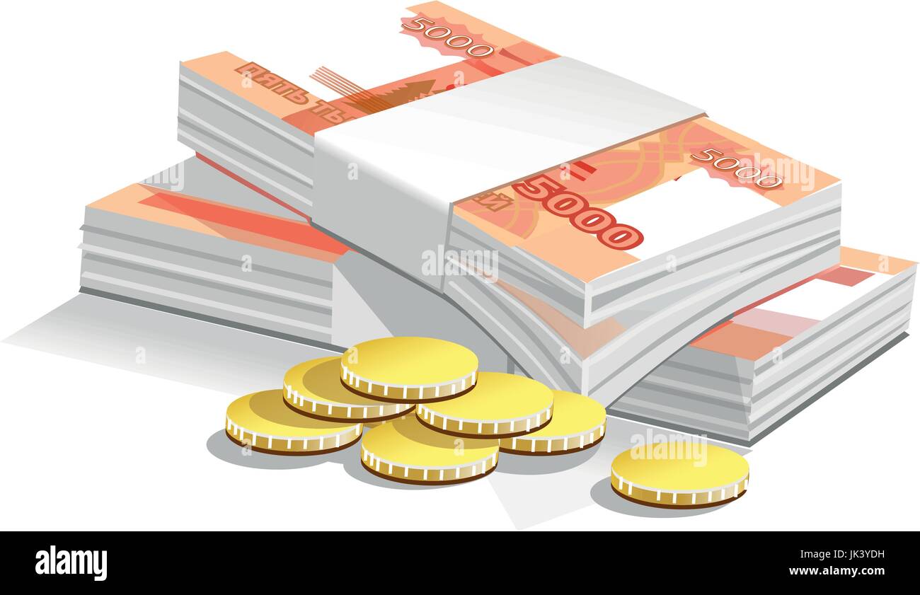 Une pile de billets de cinq mille roubles et quelques pièces de monnaie Illustration de Vecteur