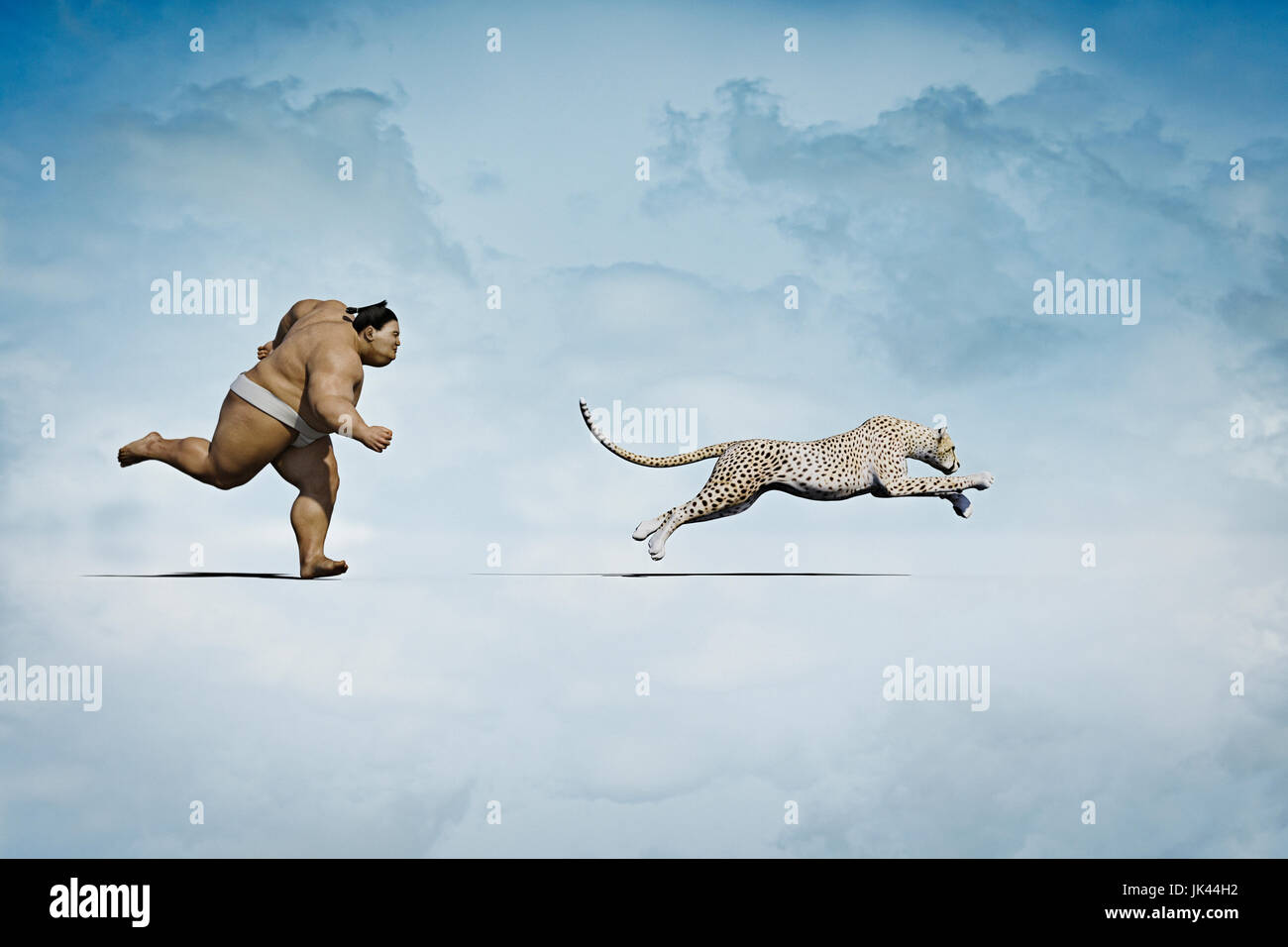 Lutteur de Sumo chasing cheetah Banque D'Images Lutteur de Sumo chasing cheetah Banque D'Images