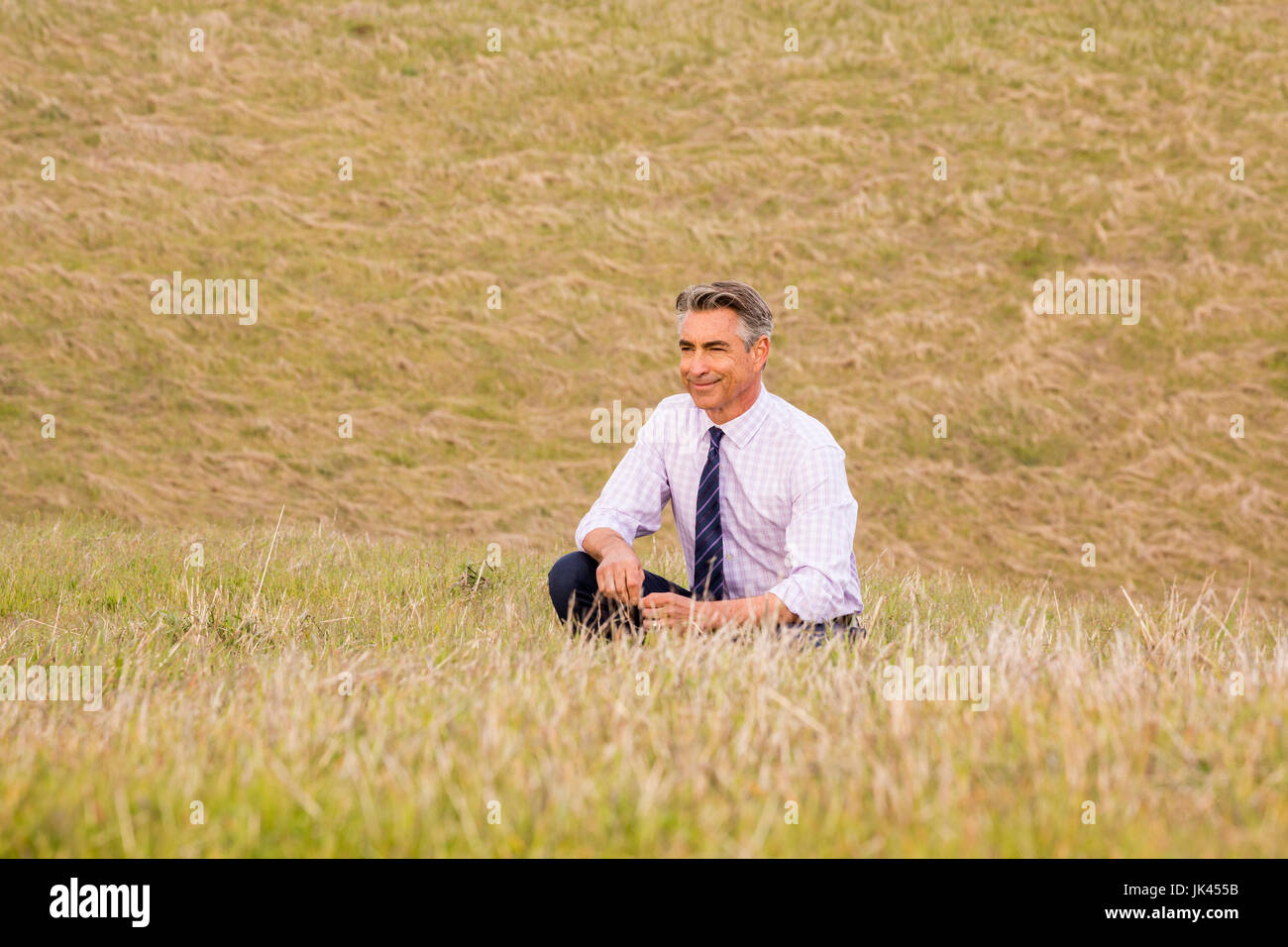 De graves Caucasian businessman crouching in grass Banque D'Images