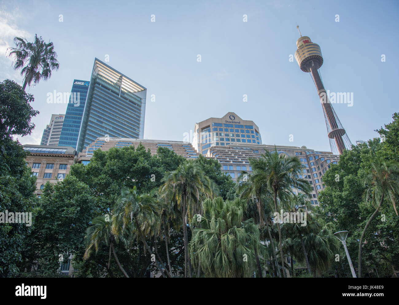 SYDNEY, NSW, Australie-novembre 18,2016 : Centrepoint Tower et autres bâtiments de low angle view à Hyde Park, à Sydney, Australie Banque D'Images