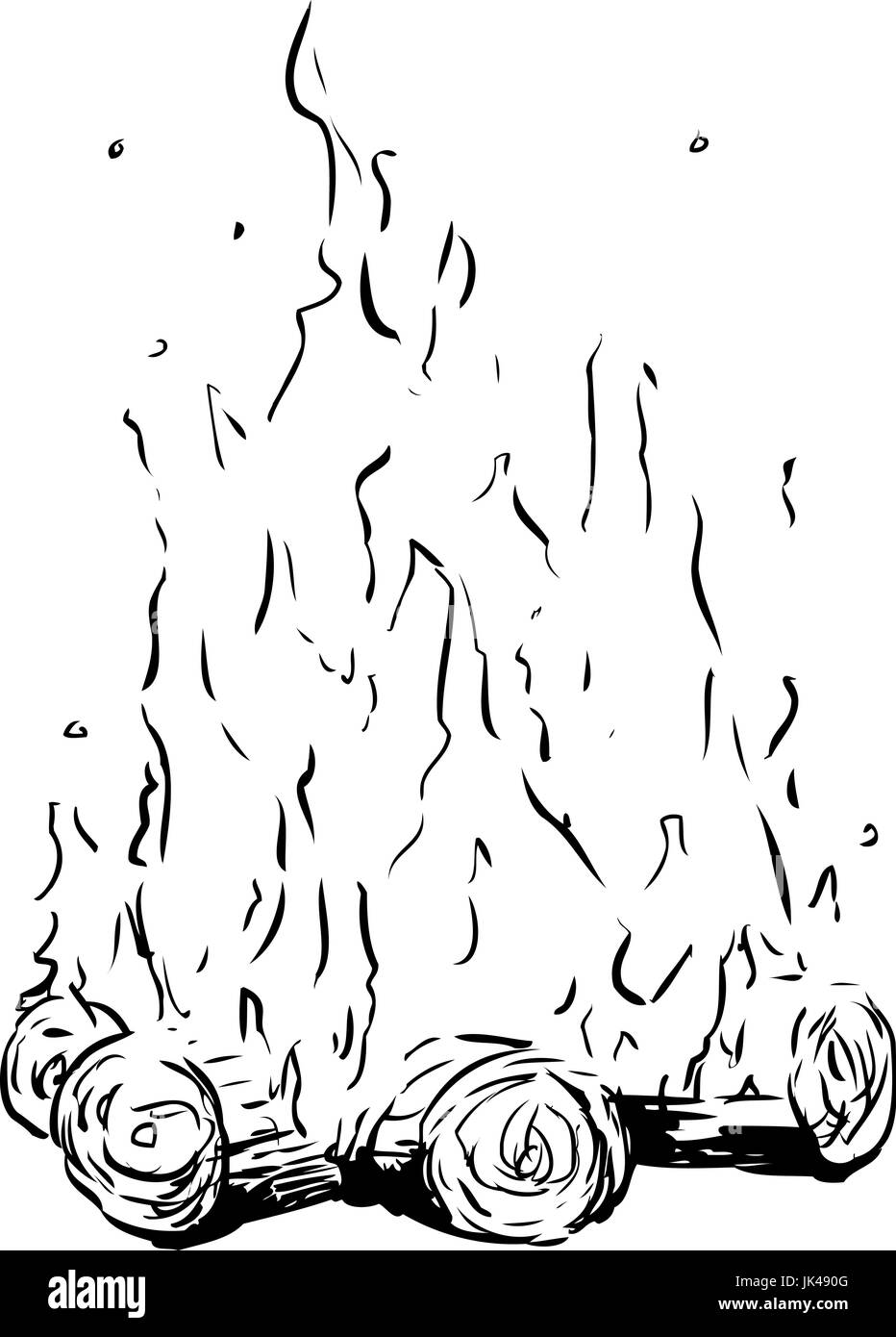 Croquis de contour de hauteur des flammes sur feu de bois ou de camp sur fond blanc Banque D'Images