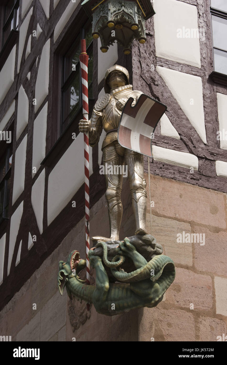 Allemagne, Bavière, Nuremberg, Tiergärtnerplatz, statue de chevalier et dragon, Banque D'Images