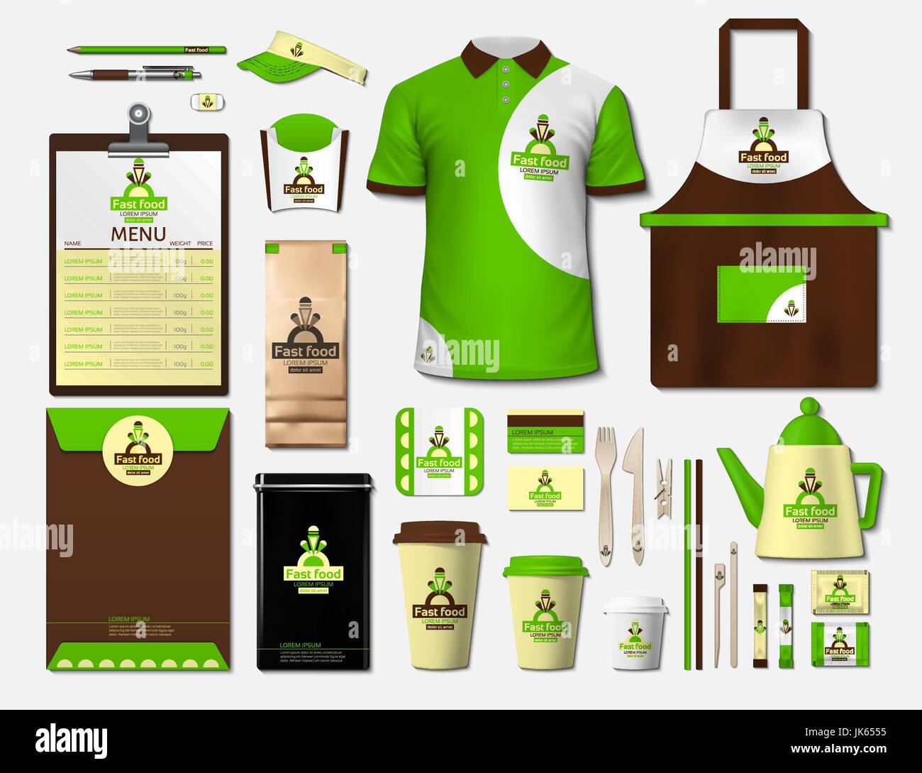 L'identité d'entreprise de restauration rapide d'éléments permettent de définir. Fast-food vecteur promotionnel de couleur uniforme, tablier, menu, calendrier, des tasses à café design avec logos. Travailler Illustration de Vecteur