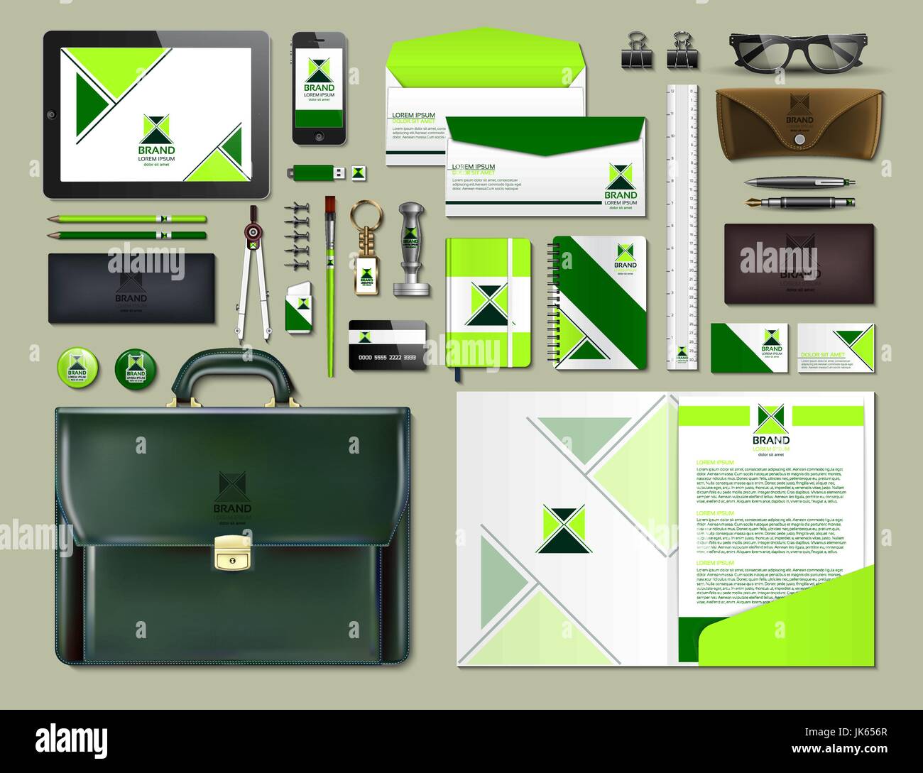 L'identité d'entreprise d'affaires ensemble d'articles. Travail vecteur articles portofolio, lunettes, téléphone, tablette, des cartes avec des logos de marque. Le travail de la Papeterie rea 3d Illustration de Vecteur