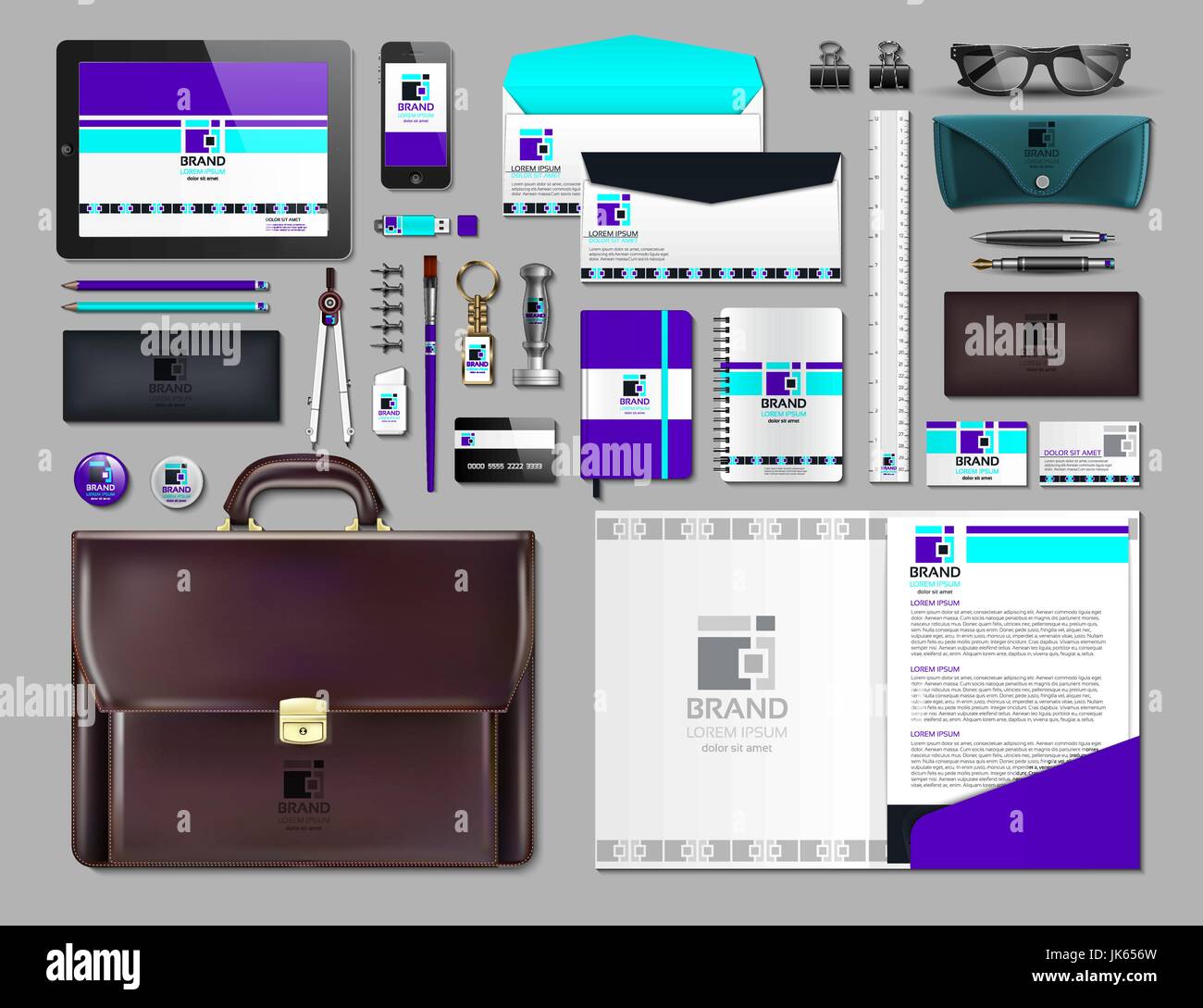 L'identité d'entreprise d'affaires ensemble d'articles. Travail vecteur articles portofolio, lunettes, téléphone, tablette, des cartes avec des logos de marque. Le travail de la Papeterie rea 3d Illustration de Vecteur