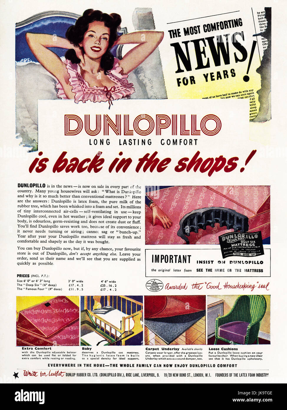 1950 old vintage original publicité Publicité Dunlopillo matelas par Dunlop  Rubber Co Ltd à magazine vers 1950 Photo Stock - Alamy