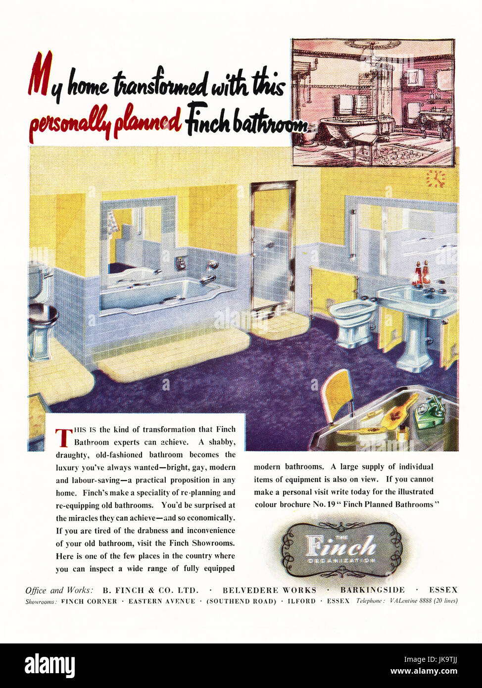 1950 old vintage original publicité Publicité Bains Finch Company dans le magazine vers 1950 Banque D'Images