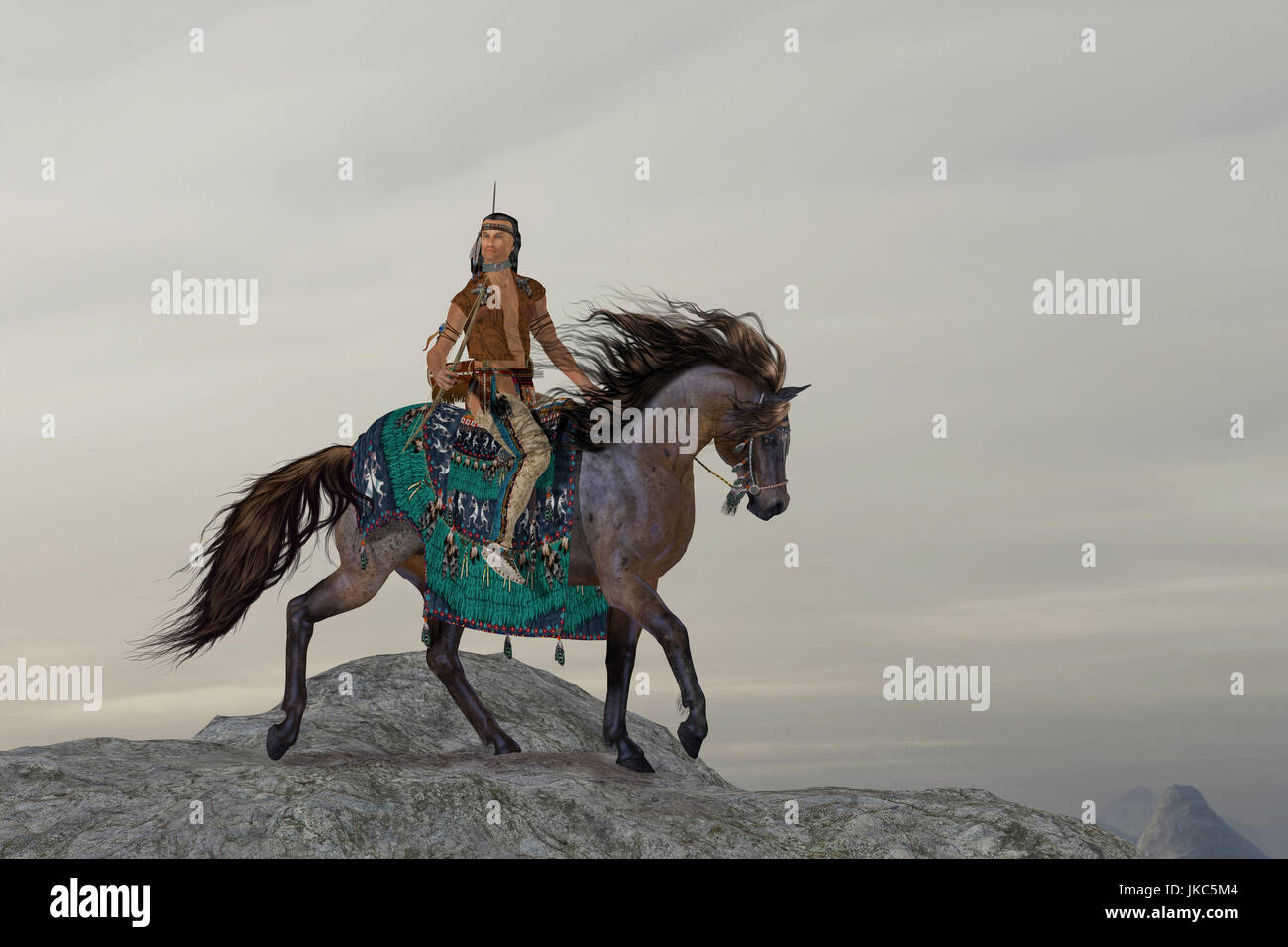 Un Indien de l'amérique du nord recherches courageux les montagnes sur son cheval au gros gibier de ramener à sa tribu. Banque D'Images