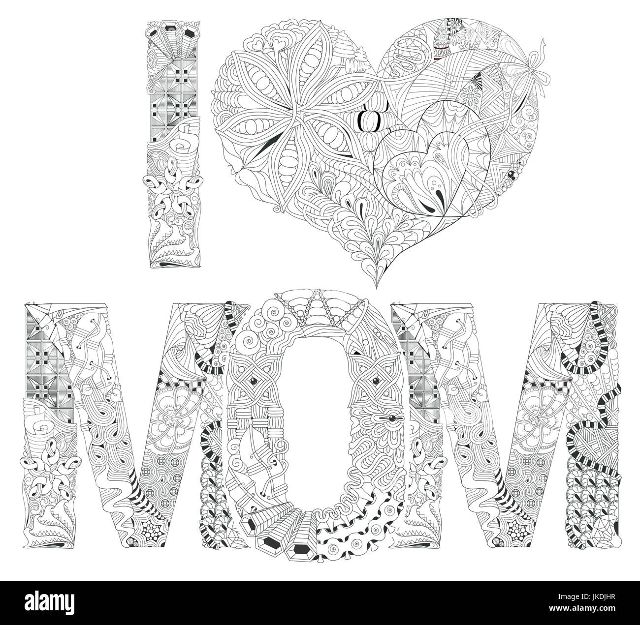 Mot QUE J'aime maman pour la coloration. Objet décoratif de scénario zentangle Illustration de Vecteur