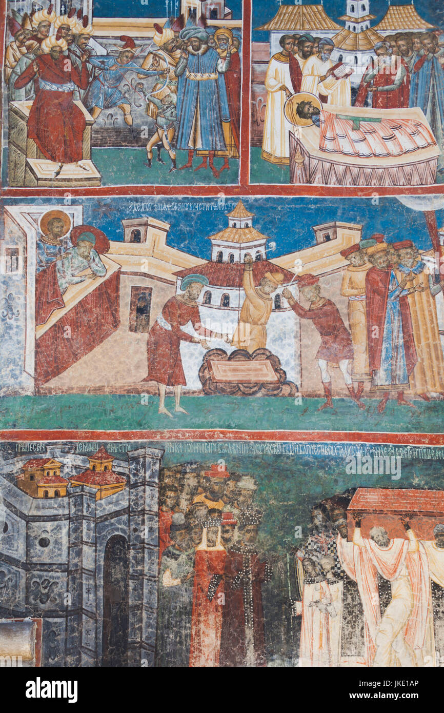 La Roumanie, la Bucovine, région de Bucovine monastères, Voronet, Voronet, 15e siècle, fresques religieuses fait en bleu de Voronet, peinture originale faite avec mare 9009 stone Banque D'Images