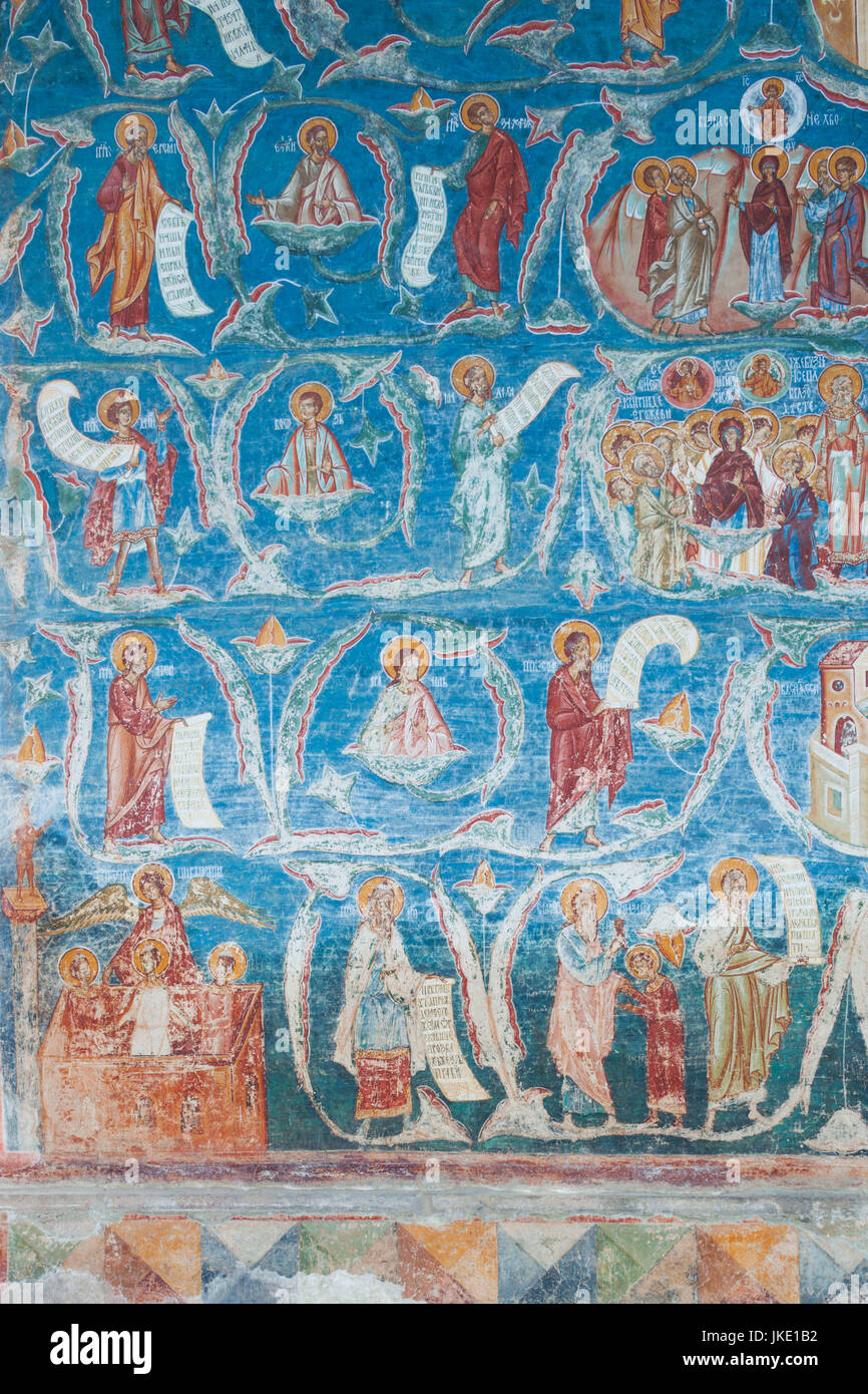 La Roumanie, la Bucovine, région de Bucovine monastères, Voronet, Voronet, 15e siècle, fresques religieuses fait en bleu de Voronet, peinture originale faite avec mare 9009 stone Banque D'Images