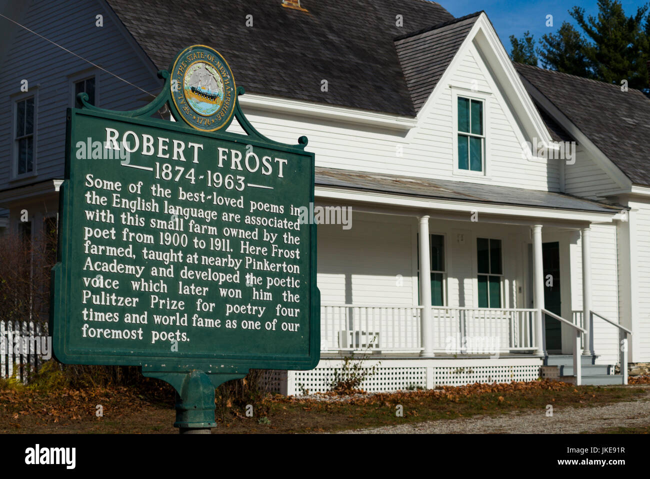 USA, New Hampshire, Derry, ferme et ancienne résidence du poète Robert Frost, sign Banque D'Images