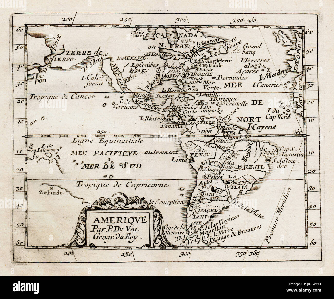 1663 duval la carte d'Amérique dont l'Amérique du Nord et Amérique du Sud montrant la Californie comme une île. Banque D'Images